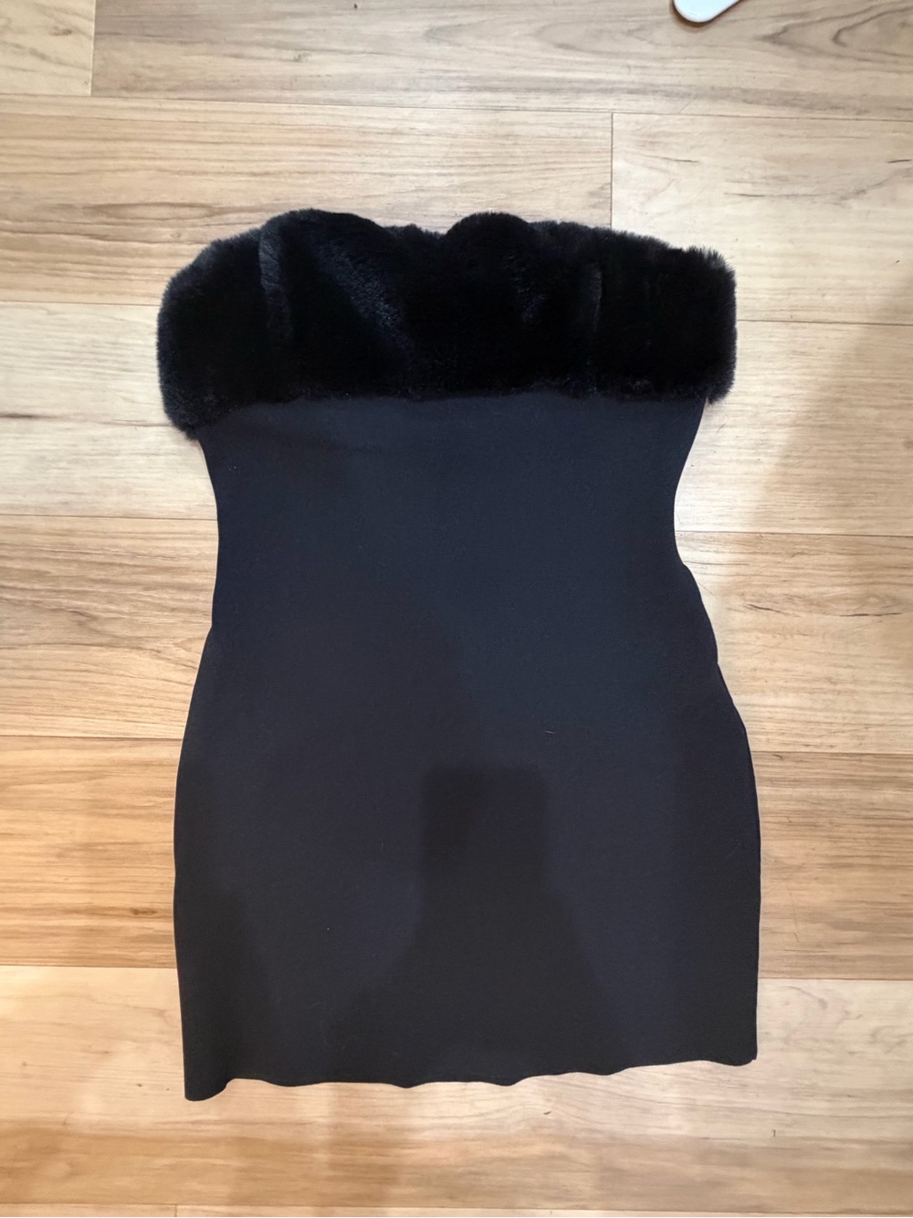 Y2K Express Black Strapless Dress with Faux Fur Trim